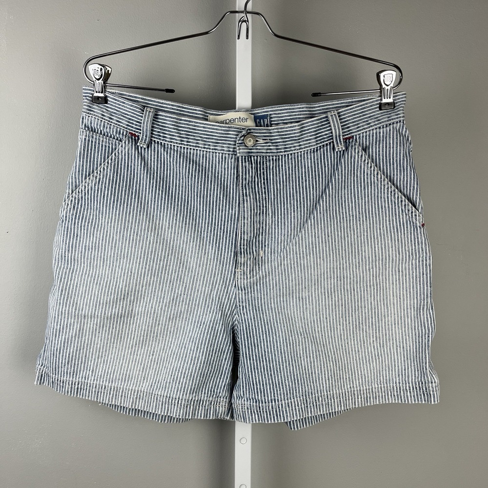 GAP Denim Carpenter Shorts Womens Size 14 Blue White Stripe Jeans Vintage Y2K
